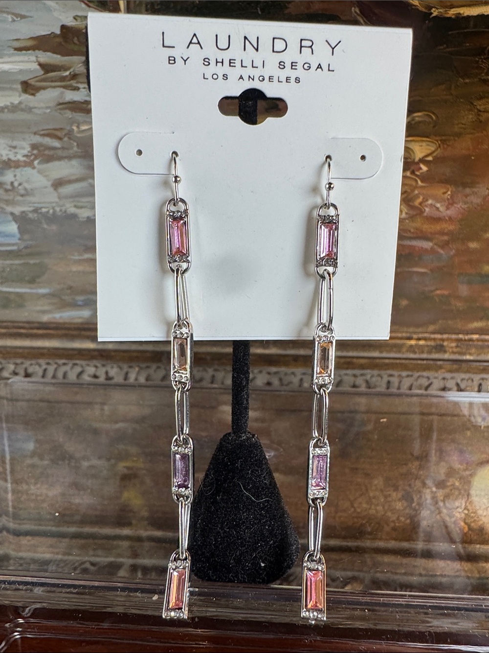 0755-Laundry By Shelli Segal Silver-Tone Pink Crystal Link Drop Earrings